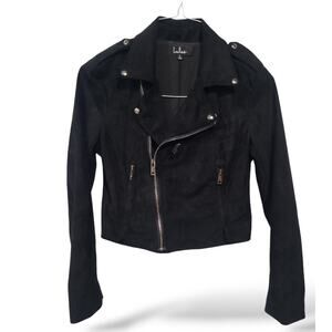 Lulus SZ S Jacket Out For The Night Black Cropped Biker Faux Suede Moto Vegan